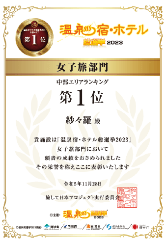 温泉宿・ホテル総選挙2023中部エリアランキング<br />
女子旅部門≪第１位≫<br />
受賞：令和5年10月<br />
女子旅部門において第1位の成績をおさめ表彰された人気の宿です！